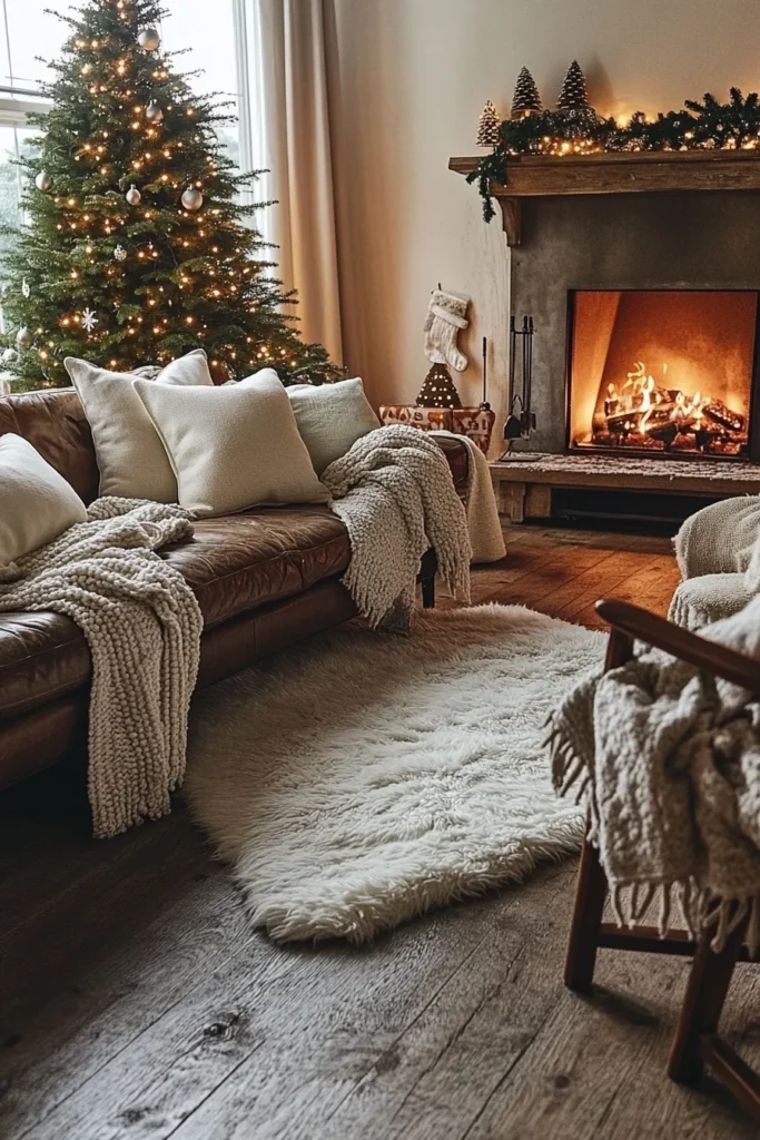 Christmas living room ideas farmhouse style with leather sofa chunky knit blanket and fireplace