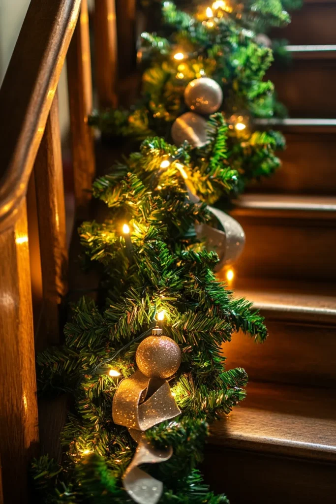 Close up of diy christmas staircase garland featuring evergreen boughs ornaments and ribbons illuminated by warm golden glow