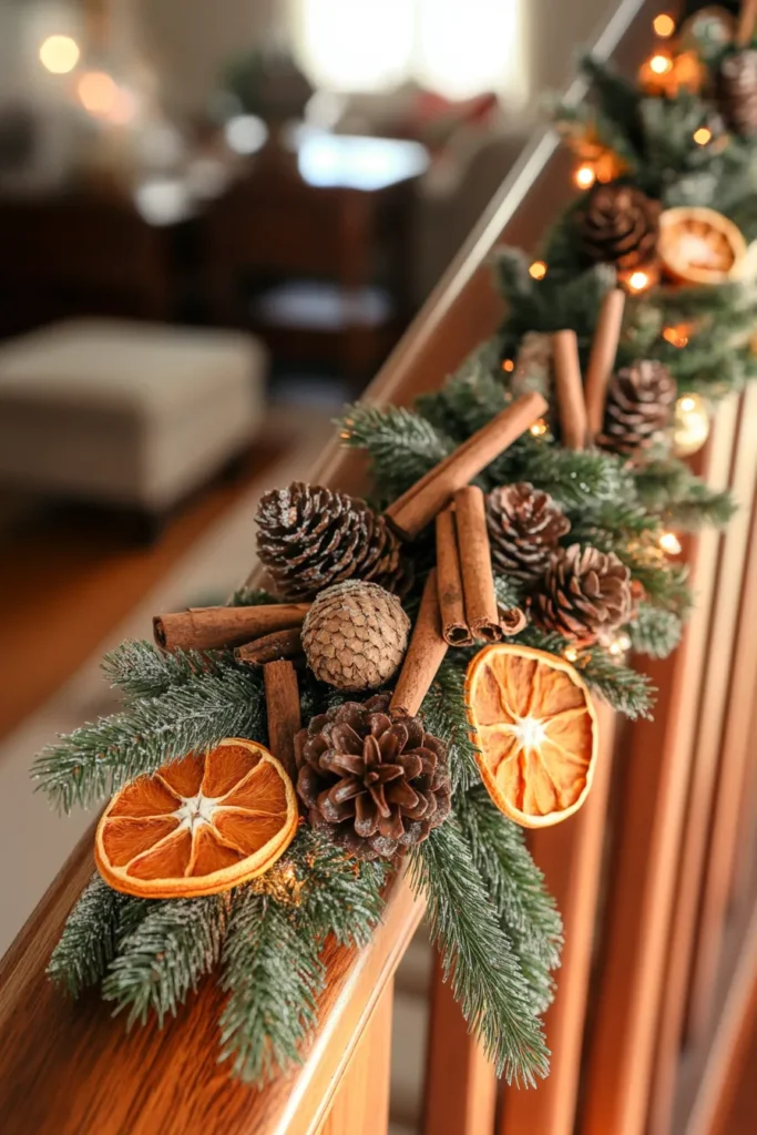 Close up of diy christmas staircase garland with cinnamon sticks pinecones and dried oranges