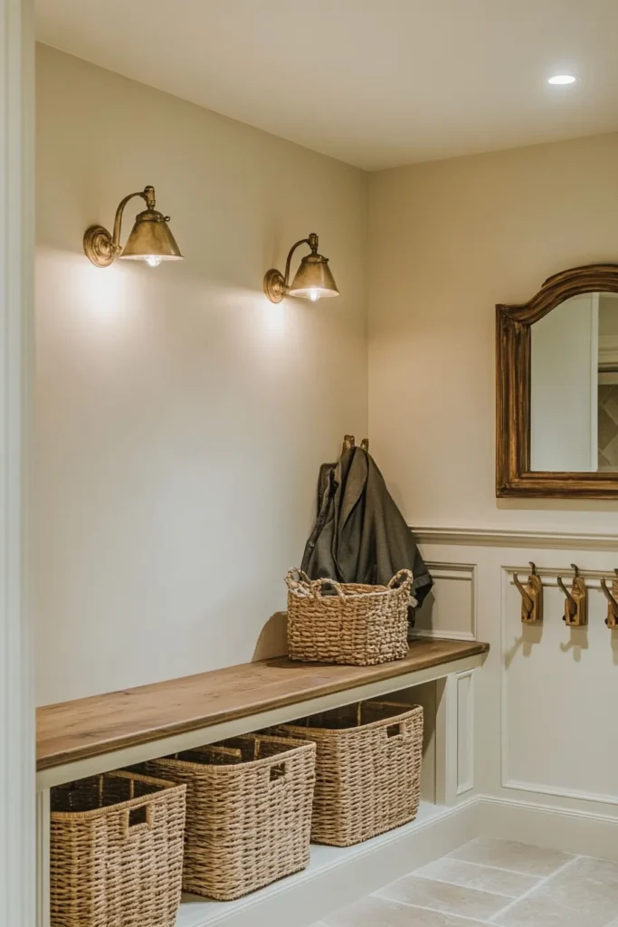 Cozy French country mudroom featuring cream walls and wooden accents French country mudroom ideas with built in bench