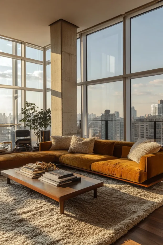 Cozy apartment mid century modern living room with plush velvet sofa and mid century modern apartment aesthetic