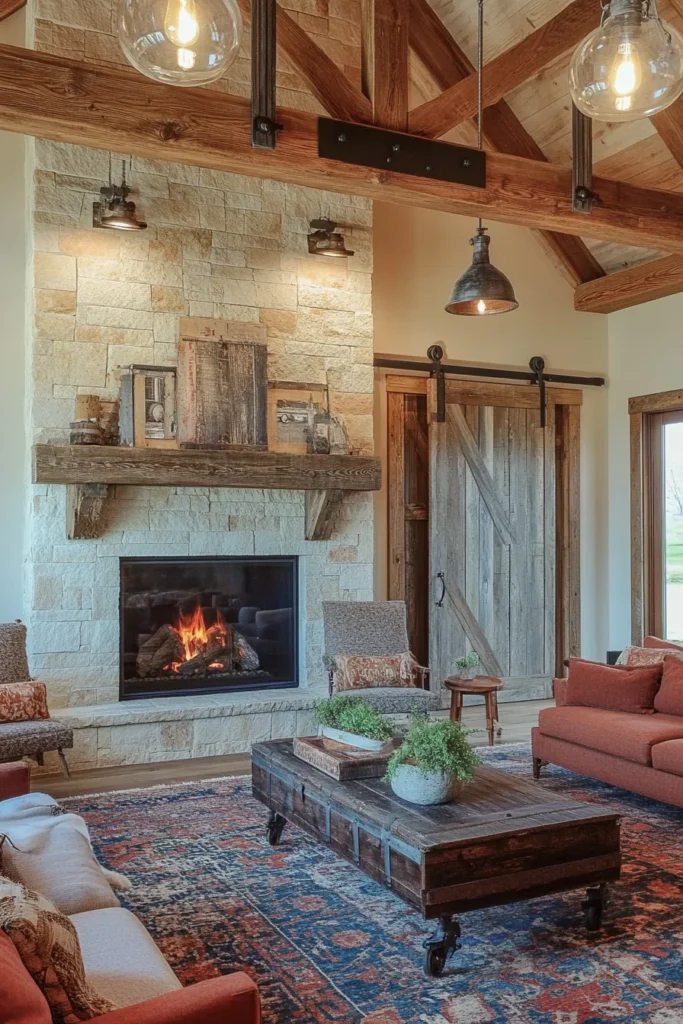 Cozy barndominium interior ideas featuring rustic elements and warm lighting for a charming farmhouse atmosphere