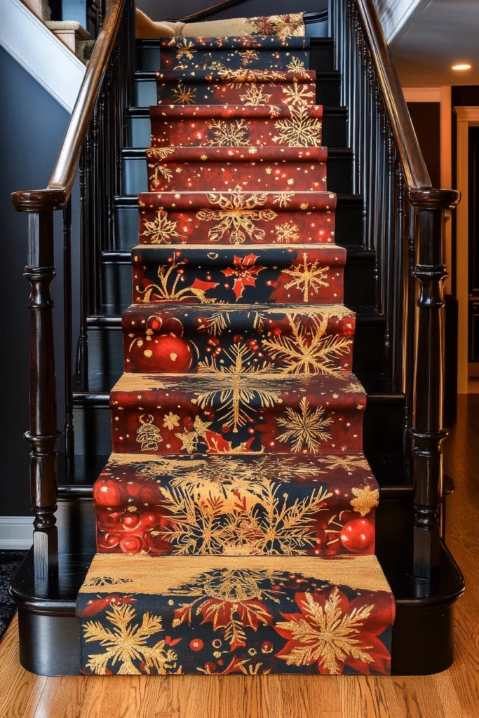 Cozy christmas atmosphere with cheap christmas staircase decor ideas including painted runner and easy christmas staircase decor