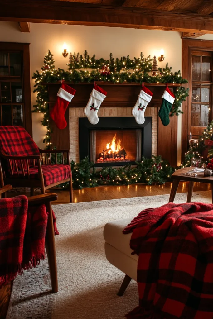 Cozy farmhouse living room Christmas decor with plaid throws garlands and twinkling lights creating warm inviting atmosphere