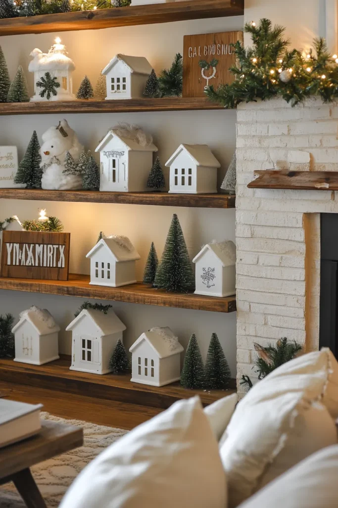 Cozy farmhouse living room christmas decor with open shelves styled for holidays