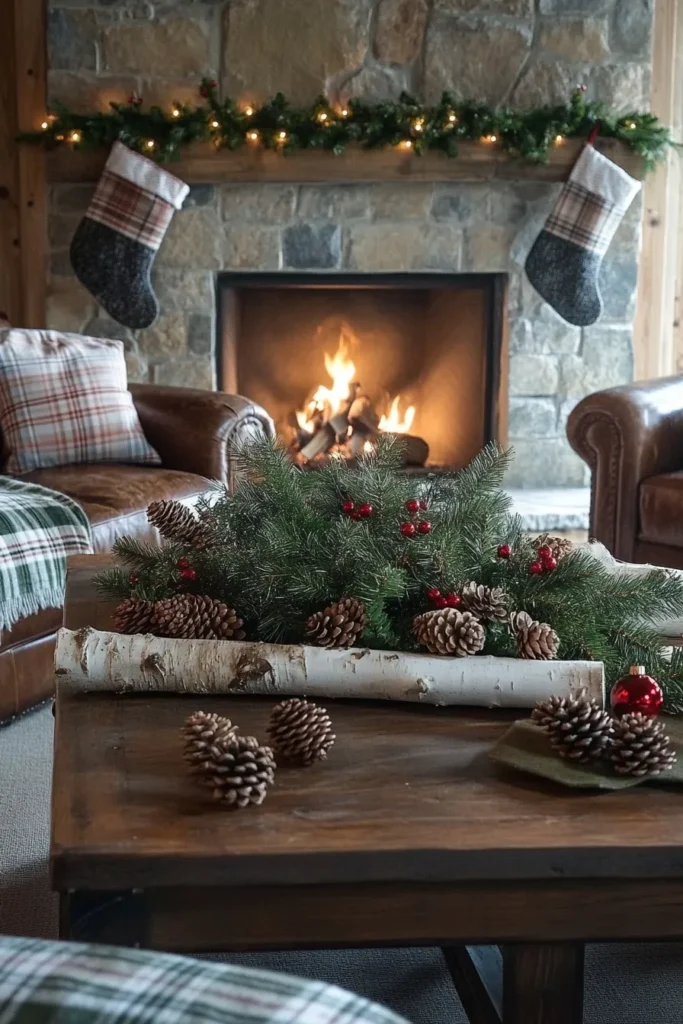 Cozy farmhouse living room christmas with pine cones evergreens and twinkling lights creating rustic charm