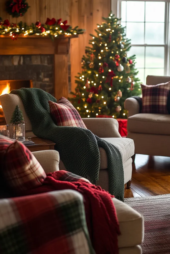 Cozy farmhouse living room christmas with plaid blankets fireplace and decorated tree creating warm atmosphere