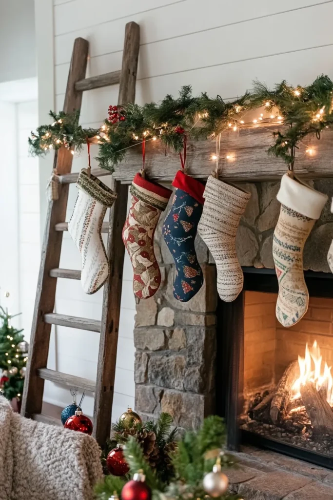 Cozy farmhouse living room christmas with rustic ladder stocking display and stone fireplace