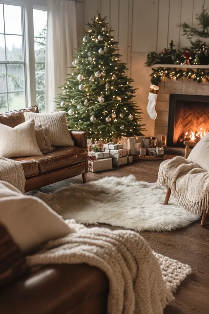 Cozy farmhouse living room christmas with rustic sofa plush pillows and twinkling tree