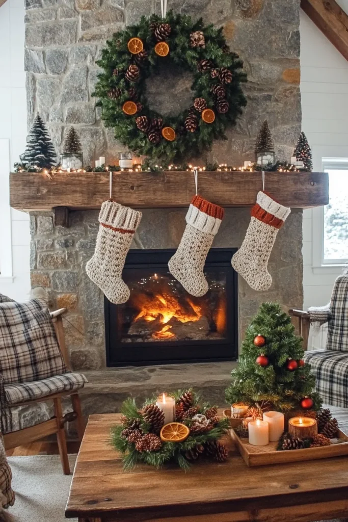 Cozy farmhouse living room christmas with stone fireplace handknitted stockings and rustic wood mantel