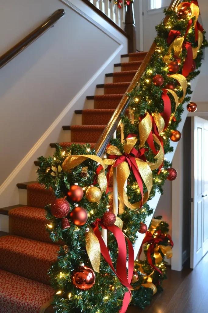 Cozy home interior featuring cheap christmas staircase decor and easy christmas staircase decor ideas