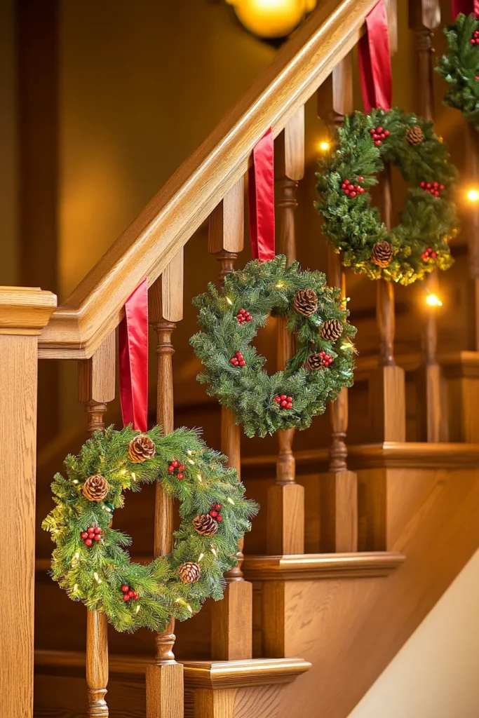 Cozy home interior featuring staircase christmas decor railings with classic wreaths and warm lighting