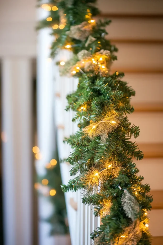 Cozy home interior showcasing DIY staircase garland Christmas design with secure fastenings and festive ambiance