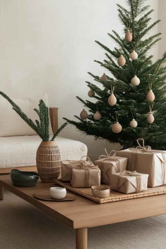 Cozy japandi christmas setting with a sleek tree handcrafted ornaments and japandi christmas decor elements