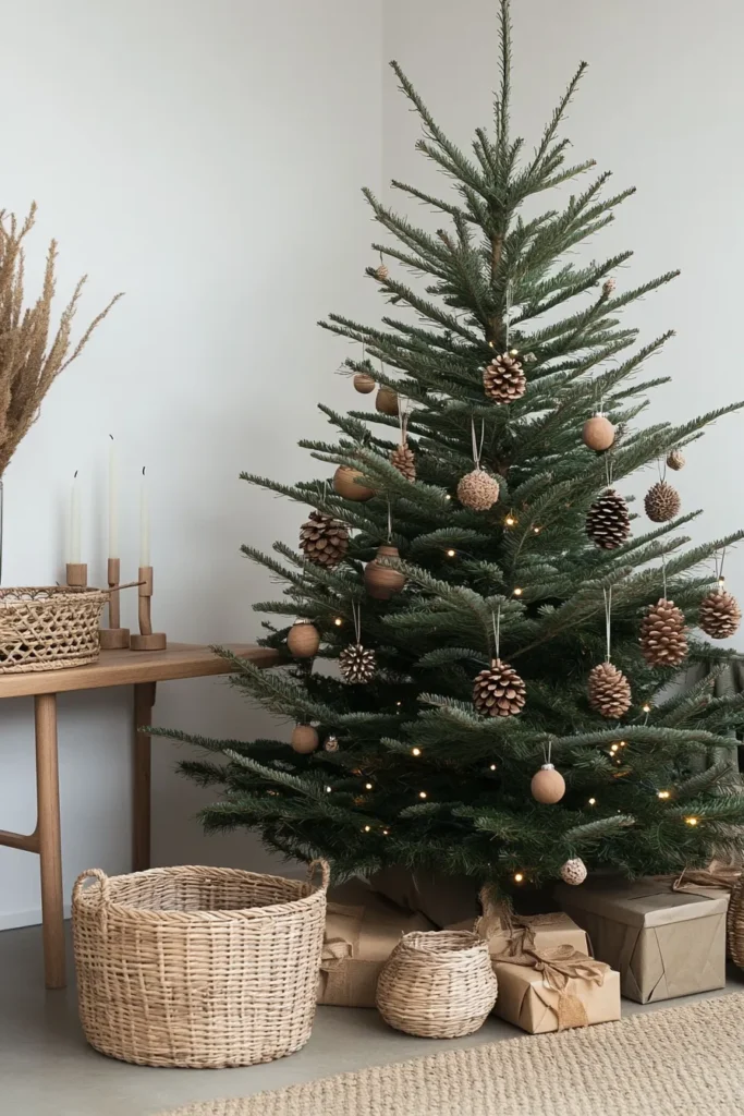 Cozy living room with japandi christmas tree and minimalist japandi christmas decor creating zen atmosphere