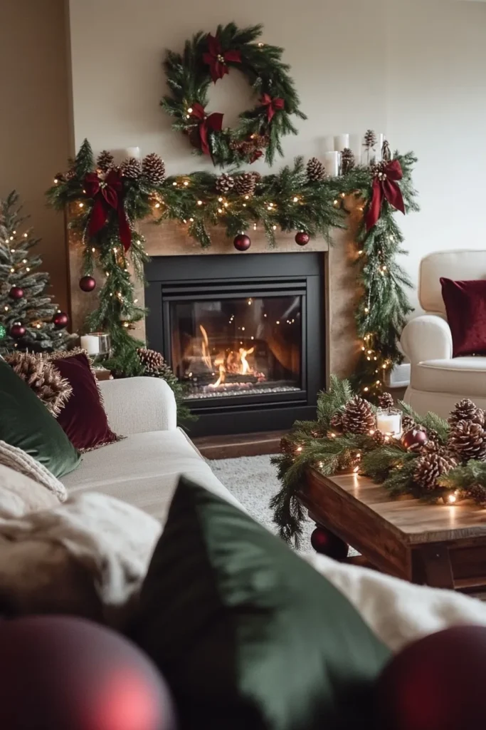 Cozy living room with rustic Christmas color palette featuring deep greens burgundy reds and warm neutrals