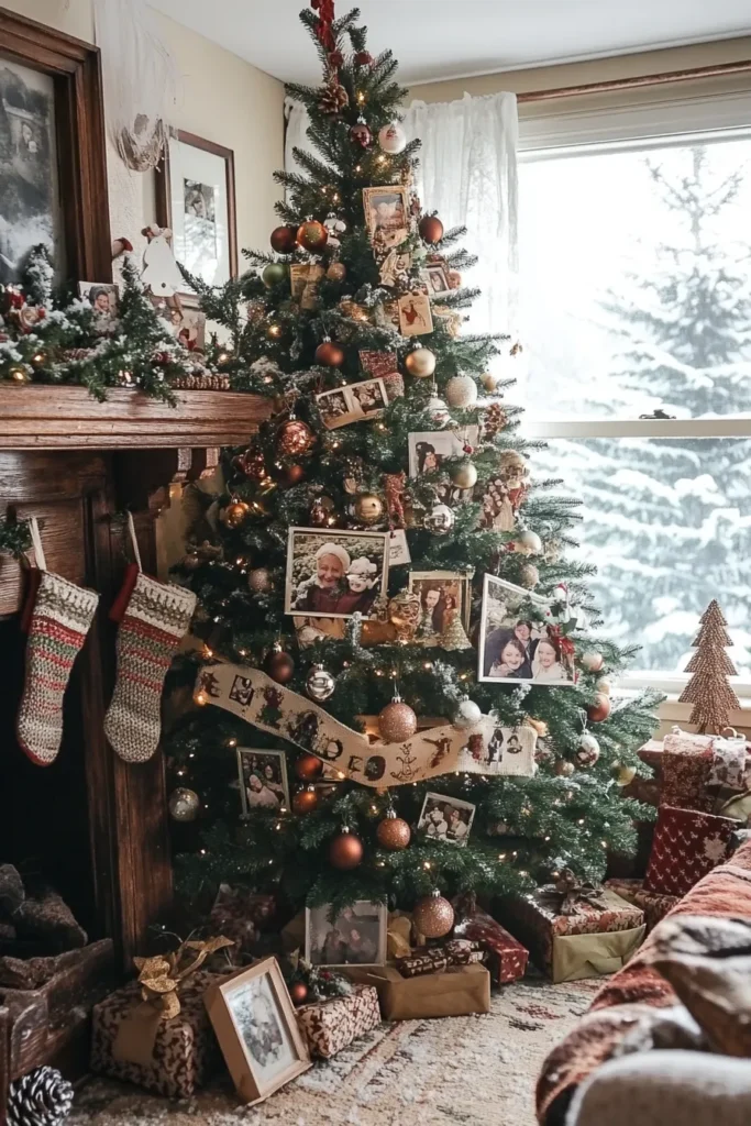 Cozy living room with rustic Christmas color palette featuring earth tones and deep greens