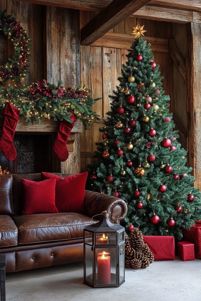 Cozy living room with rustic Christmas color palette featuring green tree red ornaments and wooden beams