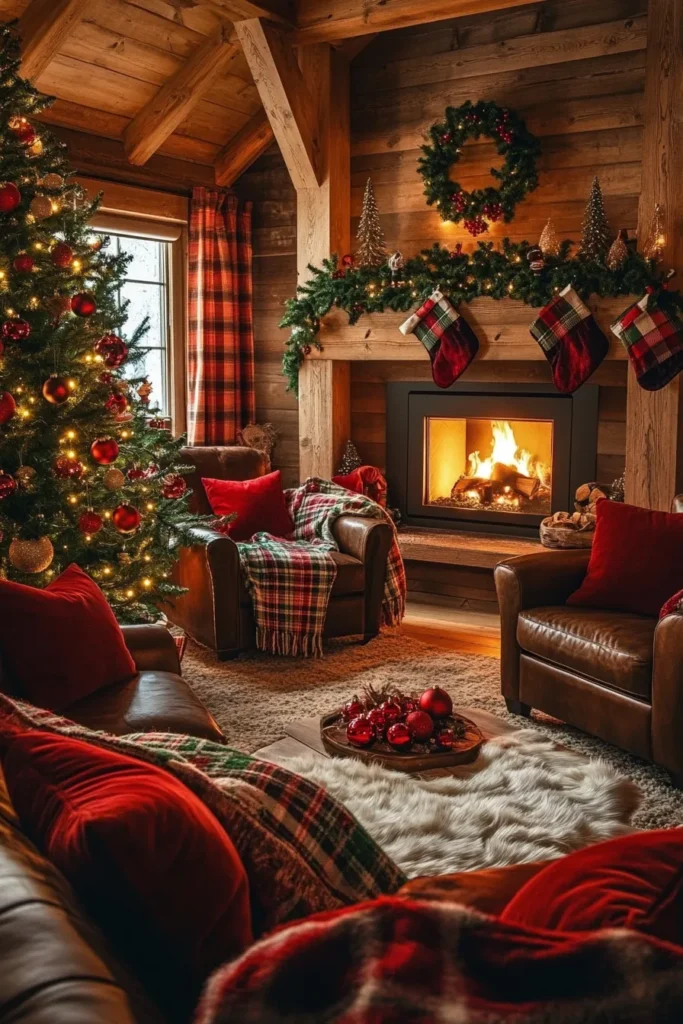 Cozy living room with rustic Christmas color palette featuring red pillows green garlands and wooden beams