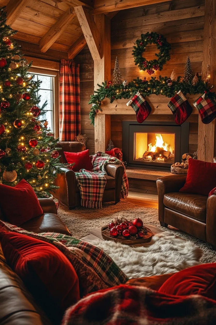 Living room decorated with festive red, gold, and green colors.