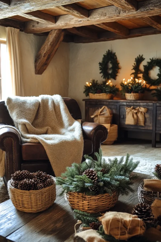 Cozy living room with rustic Christmas color palette featuring textures and warm lighting