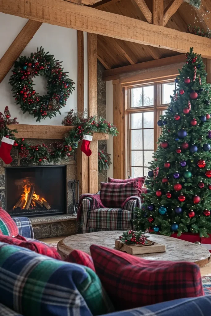 Cozy living room with rustic Christmas color palette featuring tree ornaments in red green and purple