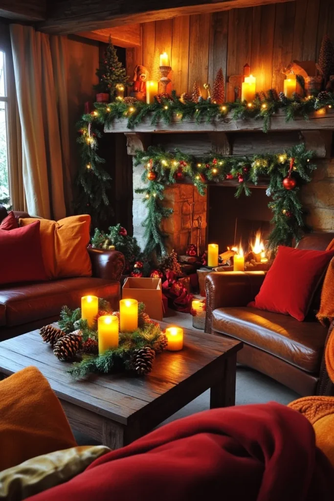 Cozy living room with rustic Christmas color palette featuring warm reds golds and evergreens