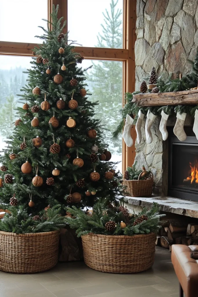 Cozy living room with rustic Christmas color palette natural decor and warm lighting