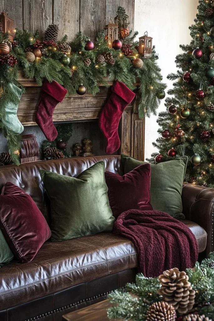 Cozy living room with rustic christmas color palette featuring deep greens and burgundies