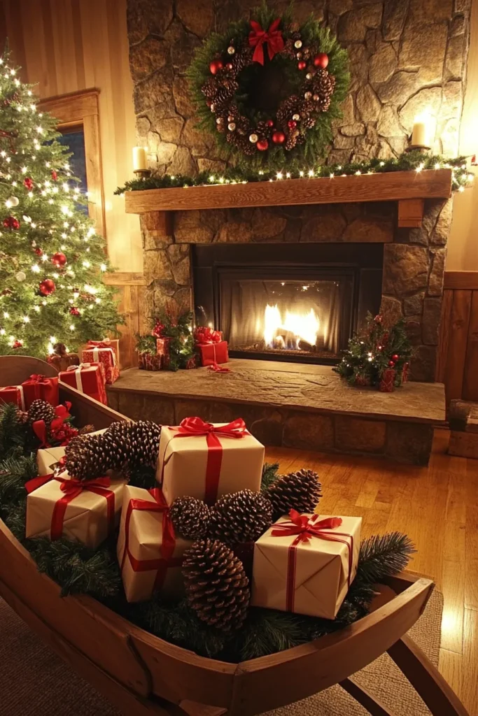 Cozy living room with rustic christmas color palette featuring stone fireplace and pinecone wreath