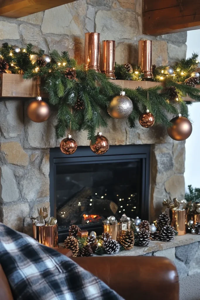 Cozy living room with rustic christmas color palette twinkling lights and natural elements