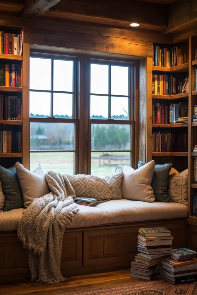 Cozy reading nook with barndominium interior ideas featuring built in bookshelves and window seat for simple barndominium interior ideas