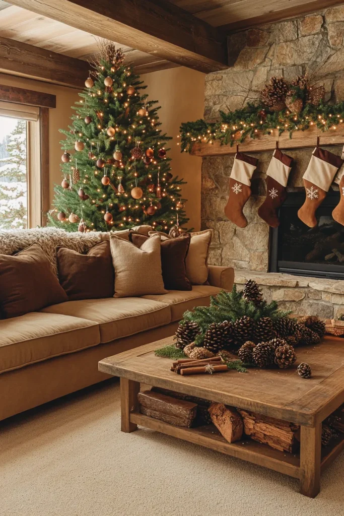 Cozy rustic Christmas color palette living room with layered brown shades and natural decor