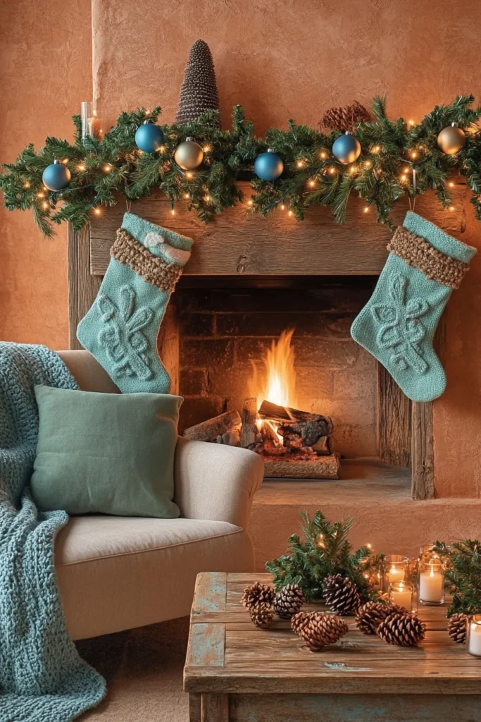 Cozy rustic Christmas color palette living room with terracotta walls sage pillows and blue ornaments