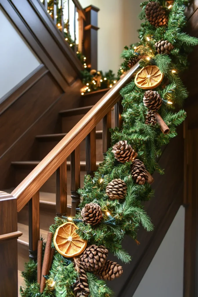 DIY Christmas staircase garland adorned with pinecones and dried oranges on a rich wooden banister