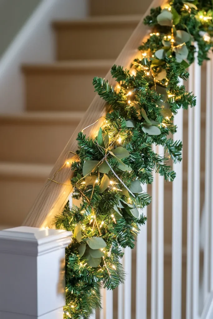 DIY Christmas staircase garland with evergreen swags and golden lights safely attached to stair railing