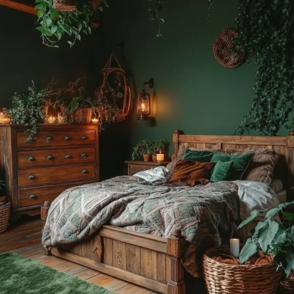 Dark cottagecore aesthetic bedroom with deep green walls wooden furniture and nature inspired decor in cozy setting