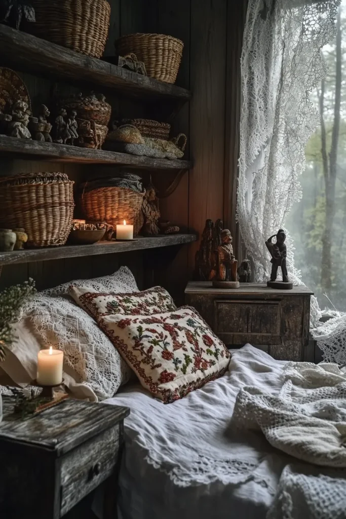 Dark cottagecore bedroom with handmade crafts rustic shelves embroidered pillows cozy bed carved figurines candlelight