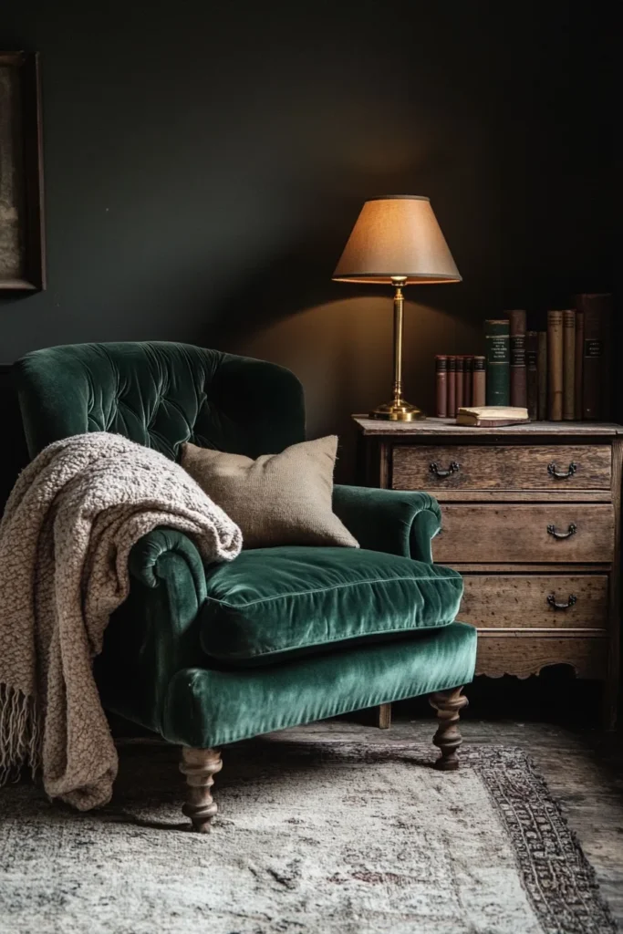 Dark cottagecore bedroom with vintage brass lamp and cozy throw blanket on emerald armchair