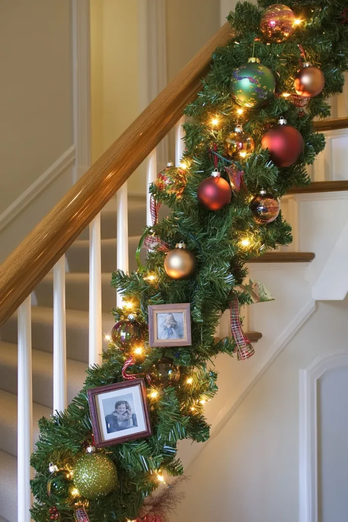 Diy Christmas staircase garland cascading along banister with twinkling lights and festive decorations