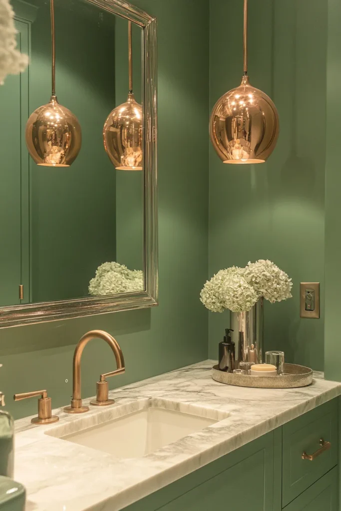 Elegant bathroom with sage green walls and cabinets featuring gold fixtures and marble countertop