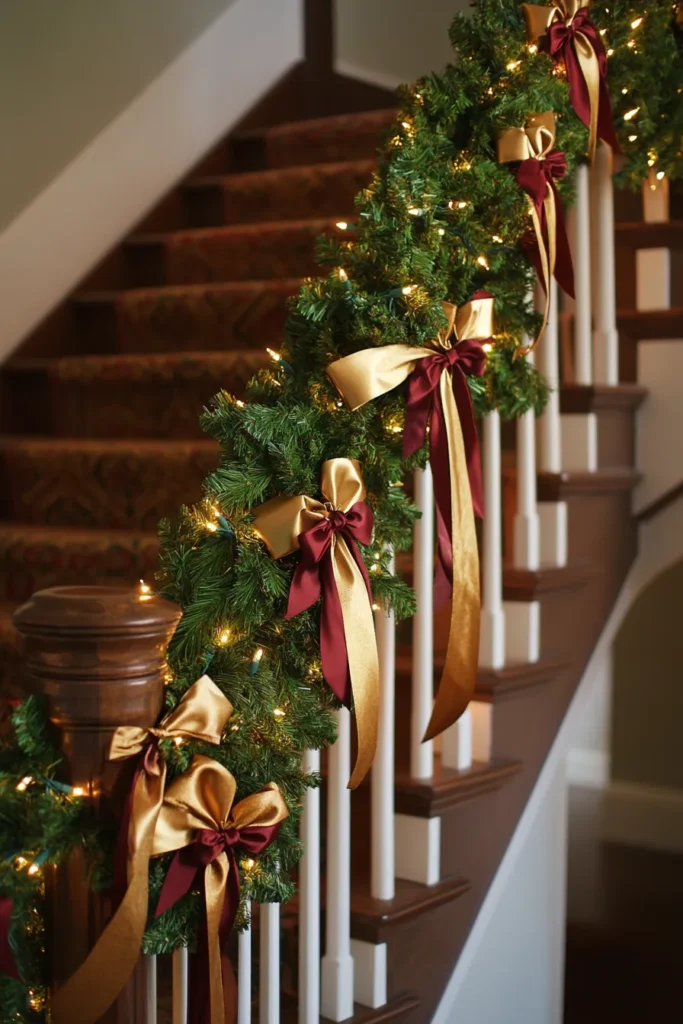 Elegant christmas staircase garland with red and gold ribbons diy staircase garland christmas project