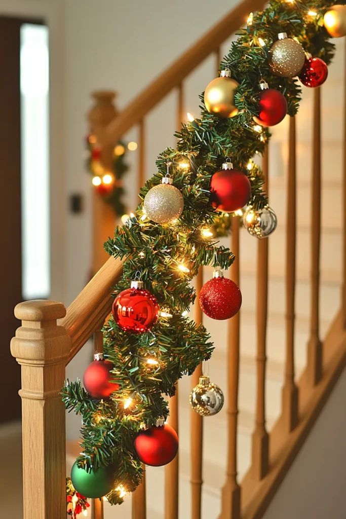 Elegant christmas staircase garland with red and green ornaments diy christmas staircase garland with golden lights