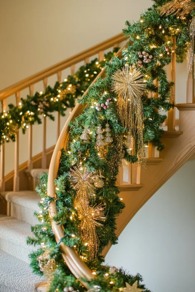 Elegant curved staircase with lush christmas staircase garland and crystal beads creating a festive diy christmas staircase garland display