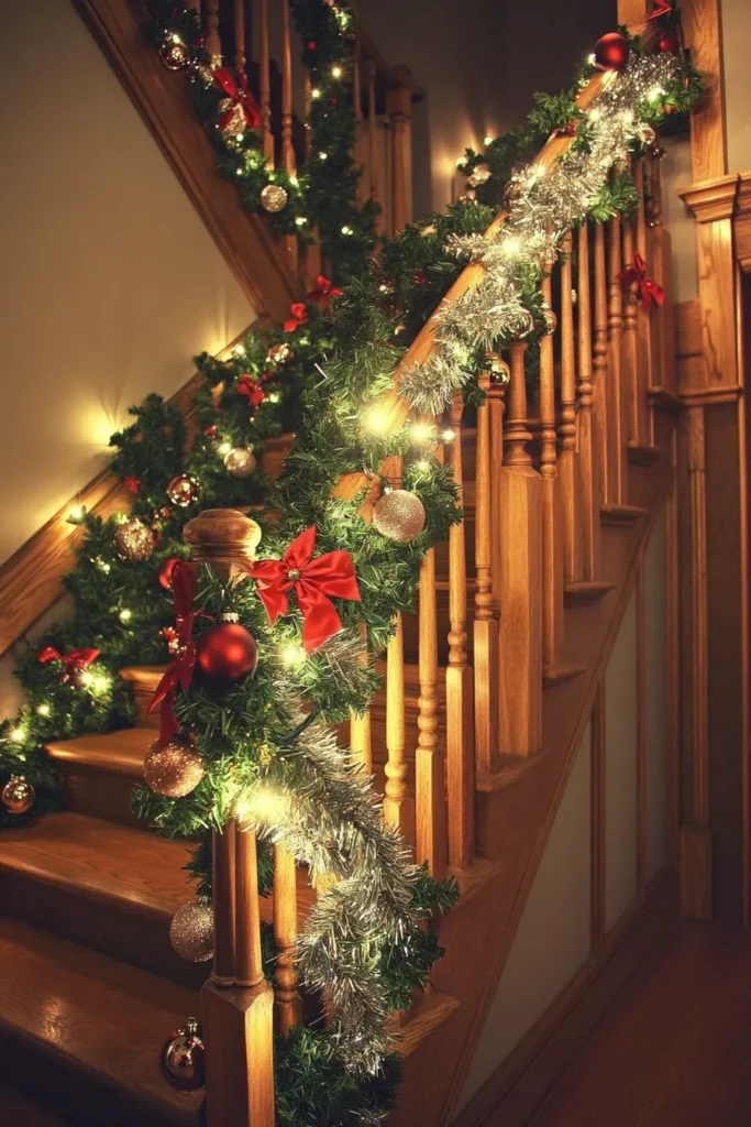 Elegant entryway featuring staircase christmas decor railings easy garlands and cheap christmas staircase decor ornaments