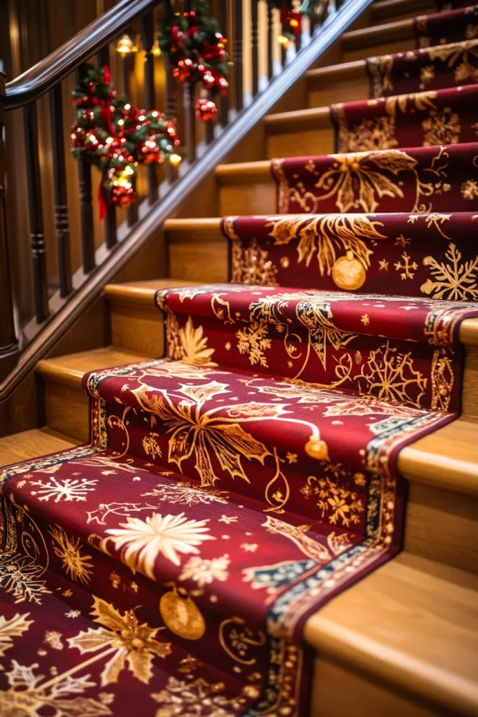 Elegant holiday staircase with staircase christmas decor railings easy ornaments and hand stenciled snowflakes