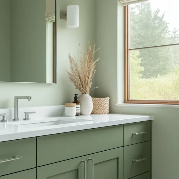 Elegant light sage green bathroom with sage green bathroom cabinets and large mirror