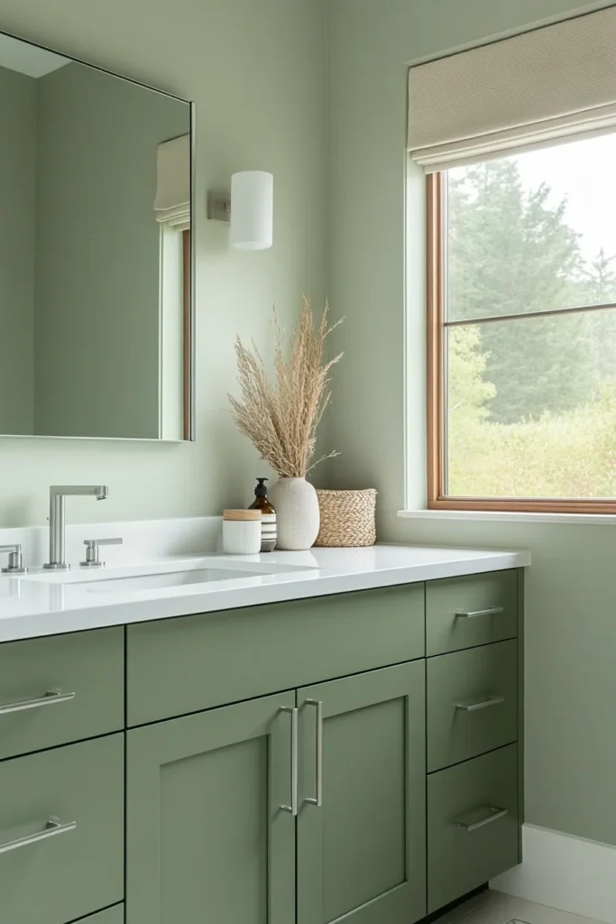 Elegant light sage green bathroom with sage green bathroom cabinets and large mirror