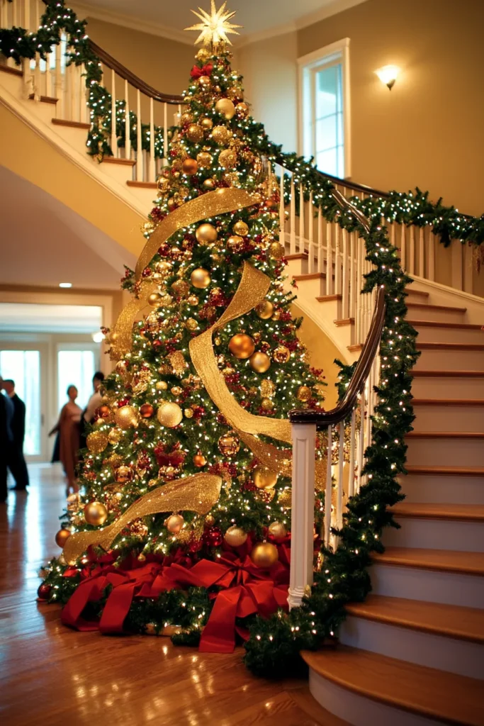 Elegant staircase adorned with easy christmas staircase decor garlands and lights staircase christmas decor railings