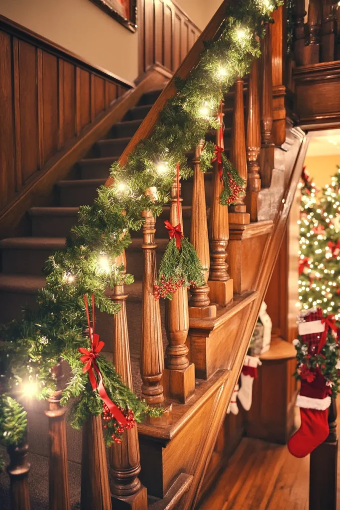 Elegant staircase adorned with easy christmas staircase decor garlands and staircase christmas decor railings